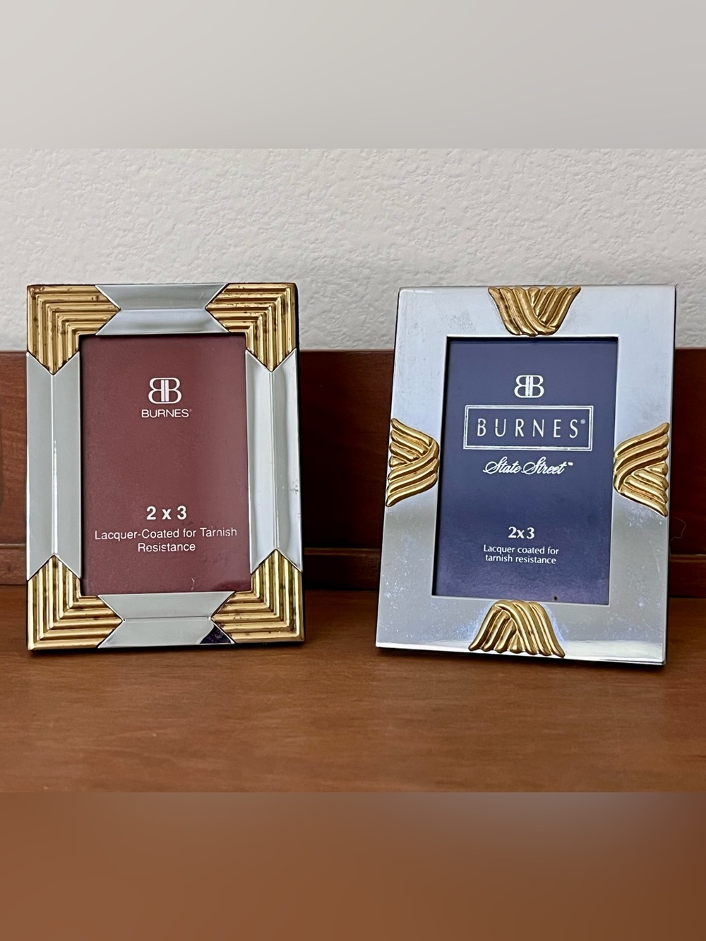 Vintage Burnes of Boston 2x3 Metal Photo Frames Set of 2 Silver/Gold Two-Tone